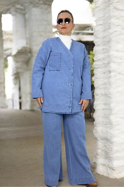 yagmurberen JACHETĂ JEAN CU GÂTUL V CU BUTON PANTALON JEAN CU TALIE ELASTICĂ SET JEAN BILATERAL MĂRIME MARE