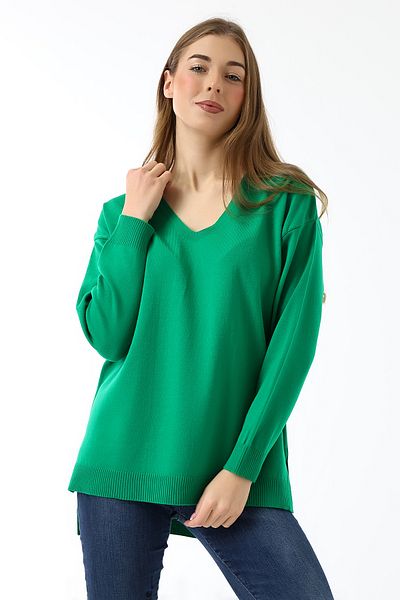 Devinka Green Oversize Knitwear Sweater - V-Neck, Long Sleeve, Thin Woven Slit