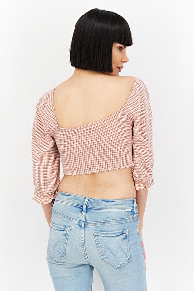 Endless Blu Women Keyhole Neck 3/4 Sleeve Knitted Cropped Top, Brown Combo