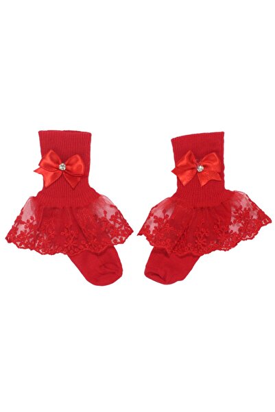 bebegen Kız Bebek Kırmızı Tüllü Fiyonk Taşlı Çorap