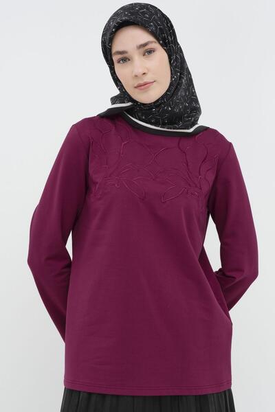 Tuğba Çiçek Nakışlı Örme Bluz - Vişne