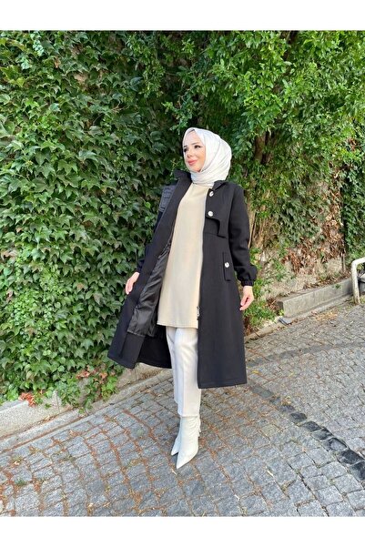 Nevayla Moda Intermediate Size Buttoned Front Imported Cashmere Coat / M0111 - Black