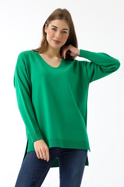 Devinka Green Oversize Knitwear Sweater - V-Neck, Long Sleeve, Thin Woven Slit