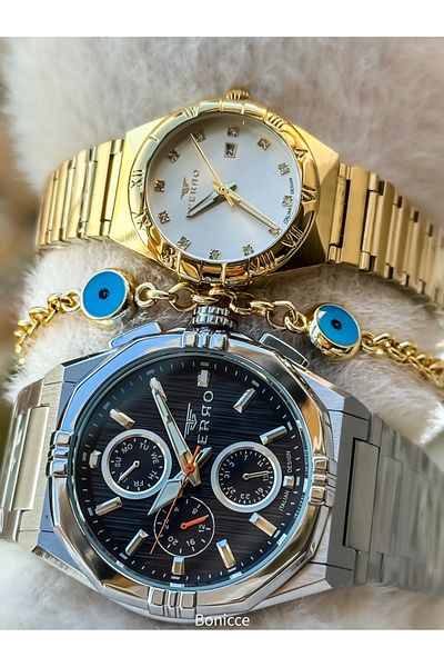FERRO Brand Steel Cord Silver Yellow Color, Dear Couple Wristwatches + Bracelet