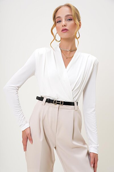 TENA Women's Ecru Shoulder Padded Collar Waist Draped Blouse