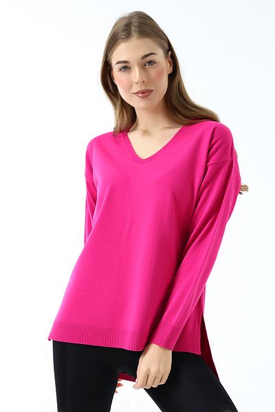 Devinka Women's V-Neck Long Sleeve Thin Woven Oversize Slit Knitwear Pullover Pink