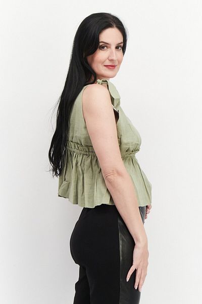 Nomad Women Plunging Neck Sleeveless Embroidered Logo Top, Sage