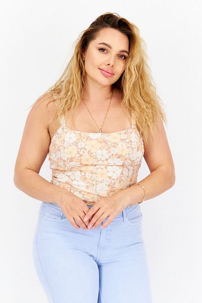 Gentle Fawn Women Square Neck Sleeveless Floral Print Crop Top, Orange Combo