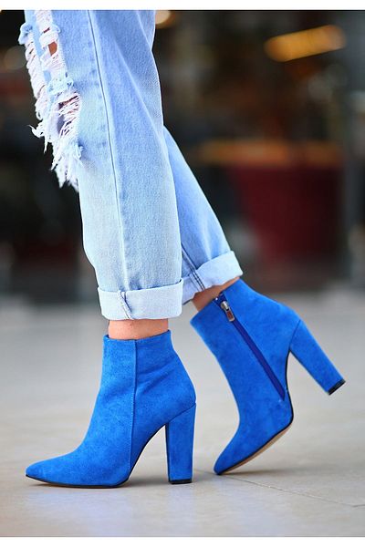 Mida Shoes Ghete de damă cu toc din piele întoarsă albastră Loora Saks