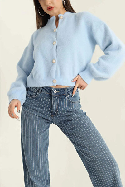 Piedra İnci Düğmeli Kadın Sıfır Yaka Balon Kol Sakallı Yumuşak Doku Crop Hırka