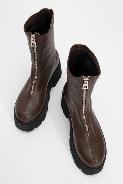 LuviShoes Γυναικείες μπότες OVİL Καφέ Δερμάτινες Χονδρές Σόλα με φερμουάρ