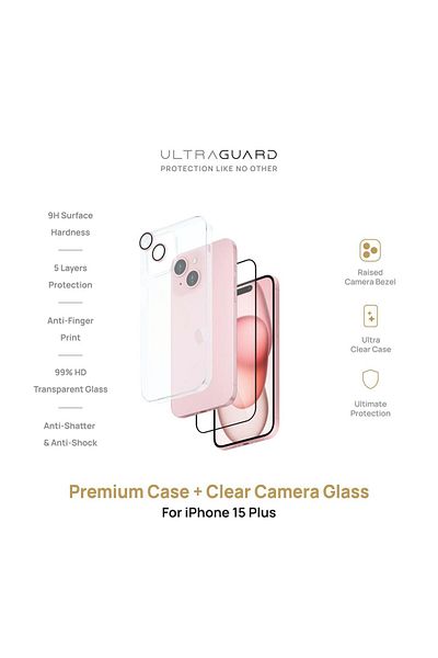 ULTRAGUARD مجموعة Premium Bundle-3 لهاتف Iphone 15 Plus زجاج + حافظة + زجاج شفاف للكاميرا