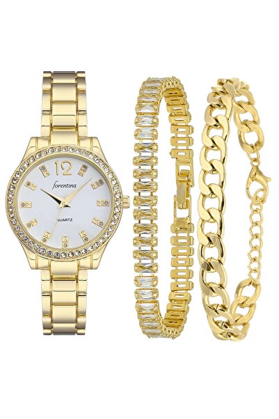 Forentina Gold Metal Kol Saati 2li Bileklik Kombin Set PS3904