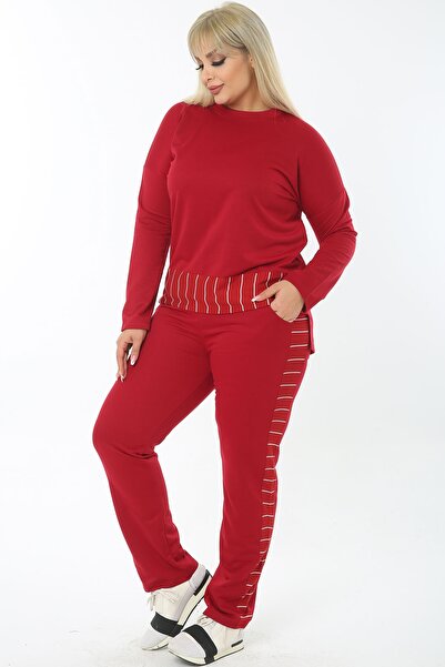 1fazlası Дамски анцуг с памучни бордови панталони с голям размер и райе на талията