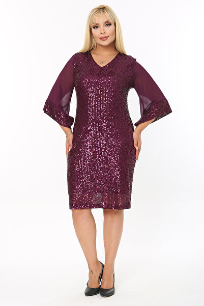 1fazlası Kadın Büyük Beden Mürdüm Kolları Şifon Pul Payetli Midi Boy Astarlı ...