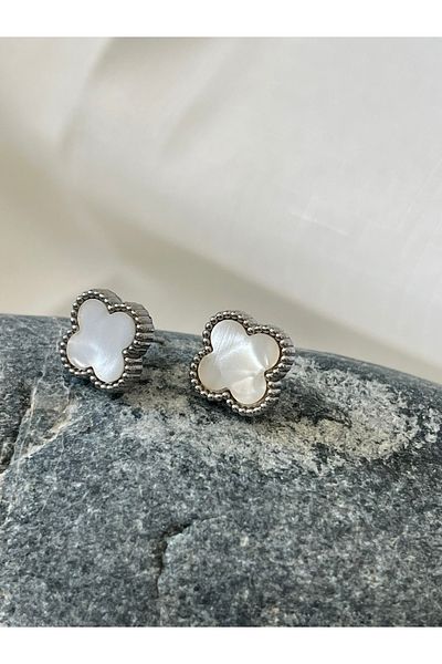 DKY Collection White Mother of Pearl Stone Clover Model Steel Earrings