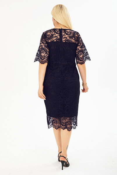 1fazlası Women's Large Size Navy Blue Organza Midi Dress with Lace Robe