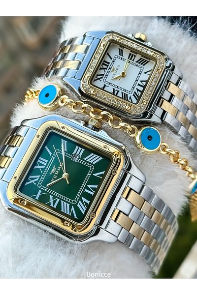 FERRO Brand Steel Cord Silver Yellow Color,Square Case, Lover Couple Wristwatches + Bracelet