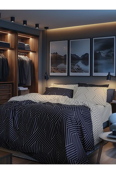 Leruum London طقم غطاء لحاف مخطط باللون الأزرق الداكن والأبيض مع 1 كيس وسادة ومقاس 160 × 220