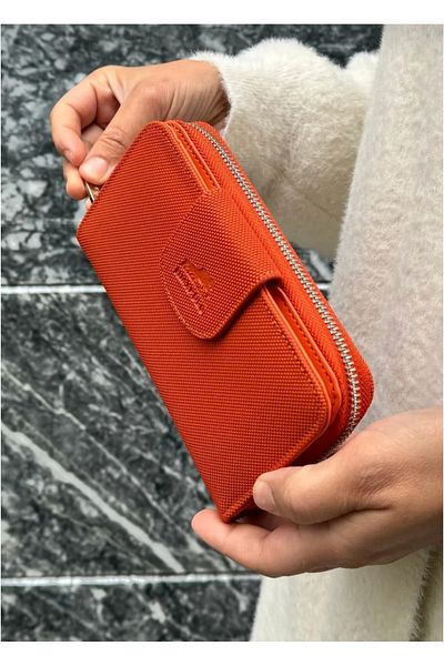 Just Polo محفظة برتقالية مكونة من 20 بطاقة ومقصورة لبطاقة الهوية ومطبوعة منقوشة وسحاب للإغلاق ومحفظة نباتية