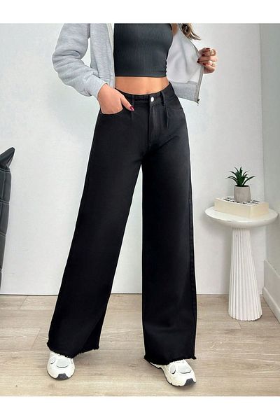 katalya Women's Leg Tassel Relaxed Fit Jeans -Black