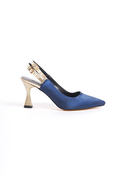 Shoesers Women's Special Design Ankle Double Strap Navy Blue Heeled Shoes with Gold Detail on Satin