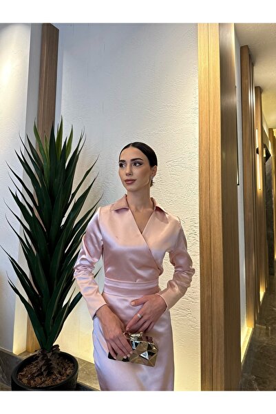 BEYZATURAN Fusta creion cu guler cămașă Rochie nobilă din satin roz pudrat