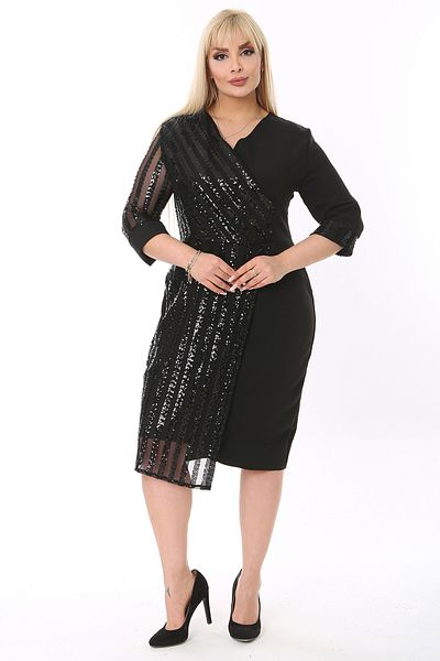 1fazlası Women's Large Size Black Sleeve and Front Sequin Sequin Garnished Midi Dress