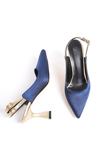 Shoesers Women's Special Design Ankle Double Strap Navy Blue Heeled Shoes with Gold Detail on Satin