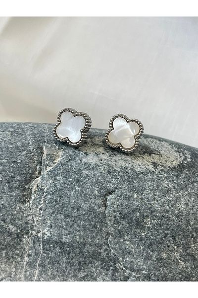 DKY Collection White Mother of Pearl Stone Clover Model Steel Earrings