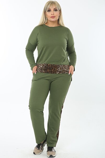 1fazlası Kadın Büyük Beden Pamuklu Haki Pantolon Yanı Ve Beli Leopar Garnili ...
