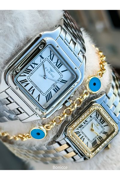 FERRO Brand Steel Band Silver Yellow Color, White Dial, Square Case Lover Couple Wristwatches + Bracelet