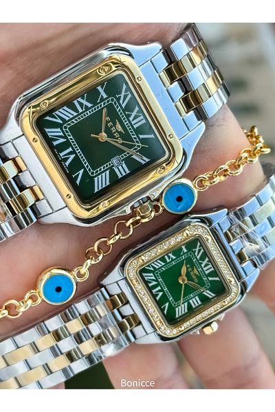 FERRO Brand Steel Band Silver Yellow Color,Green Dial, Square Case Lover Couple Wristwatches + Bracelet