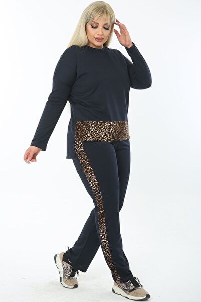 1fazlası Дамски тъмносини памучни панталони с голям размер отстрани и леопардов гарниран анцуг на талията