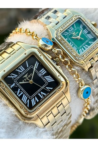 FERRO Brand Steel Cord Yellow Color,Square Case, Dear Couple Wristwatches + Bracelet