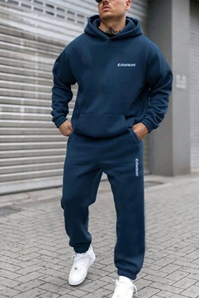 CAST COLLECTİON Men's Petrol Blue Oversize Celloarth Printed Sweat Tracksuit