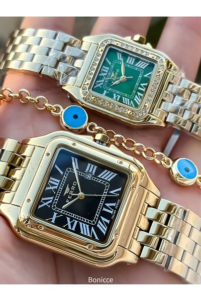 FERRO Brand Steel Cord Yellow Color,Square Case, Dear Couple Wristwatches + Bracelet