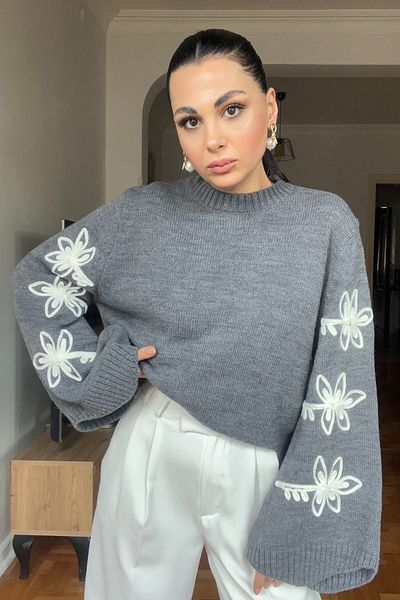 Seda Yalçın Atelier Anthracite Design Sweater with Embroidered Sleeves