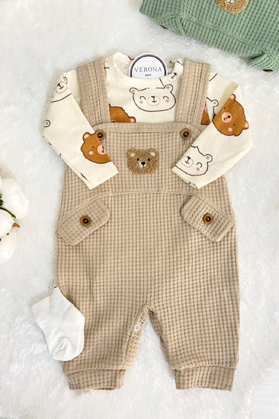 VERONA TARZ Baby Boy Embroidered Bear 2-Piece Salopet Set Long Sleeve Snap Fastener Newborn Outfit Socks Gift