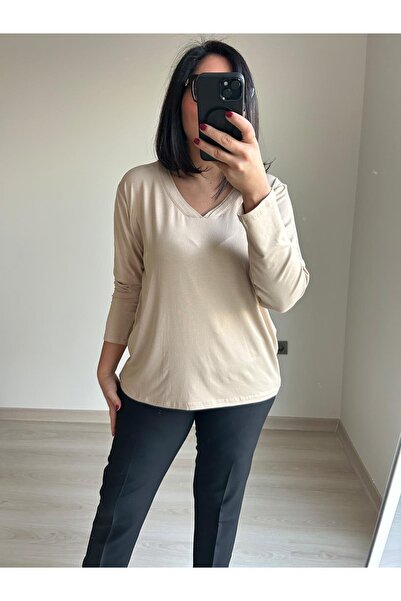 charamela Kadın Büyük Beden Düz V Yaka Örme Bluz-BGB91