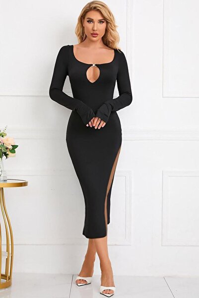 Deafox Siyah Uzun Kollu Yaka Damla Detay Mini Aksesuarlı Yırtmaç Detay Krep E...