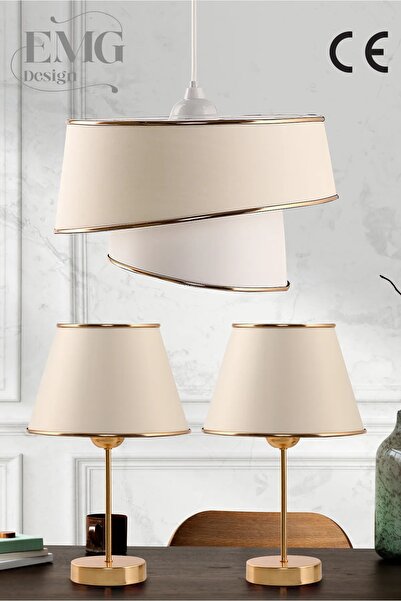 polle Kumaş Manolya Modern Tekli Avize ve 2 Li Abajur Seti