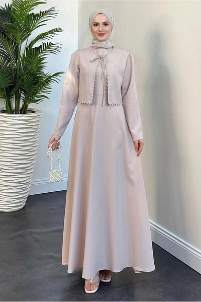 Tesettür Diyarı Women's Pearl Detailed Dress Double Suit - Cream