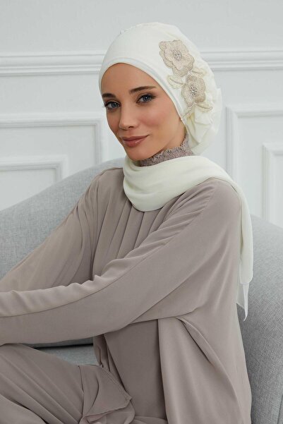 Aisha's Design Chiffon Ready-To-Wear Turban with Side Ruffles and Floral Accessories, Ht-102, Ht-102, Cream-Gold