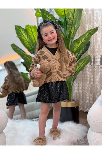 EAC collection Leopard Print 3 Piece Set for Girl - Cardigan, Long Sleeve T-Shirt and Sequined Skirt