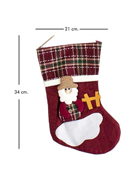 Herdekora Christmas Ornament Plaid Patterned Socks Dark Red with Santa Claus Figure 21X34 cm