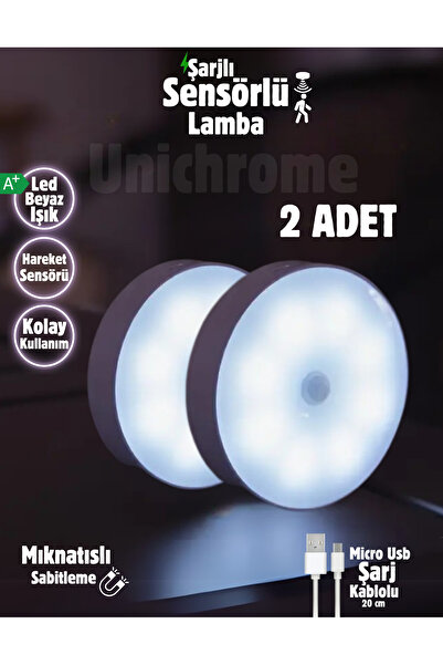 Unichrome 2 Adet Hareket Sensörlü 8 Ledli Usb Şarjlı Beyaz Led Işık On/auto/o...