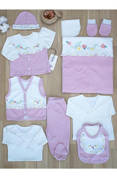 Sitilin Kız Bebek Natural Pembe İşlemeli süslü Lüks 10 Lu Hastane Çıkışı Set ...
