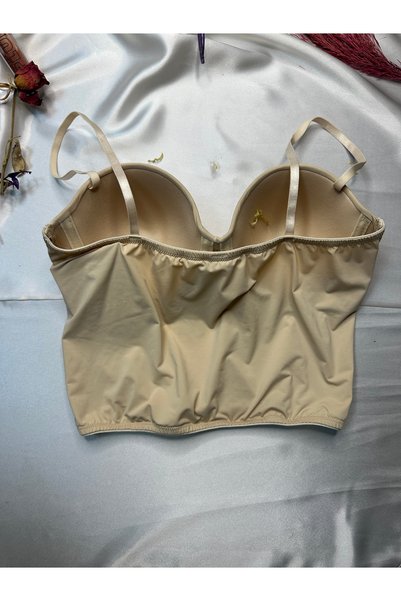 DE JUMO Beige Skin-Colored Micro Strapless Women's Bustier Crop Tank Top with Supportive Straps