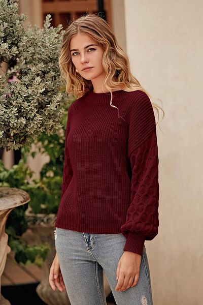 AQE FASHION Pulover de damă Claret Red XL Knitwear - Motiv cu gât și mâneci